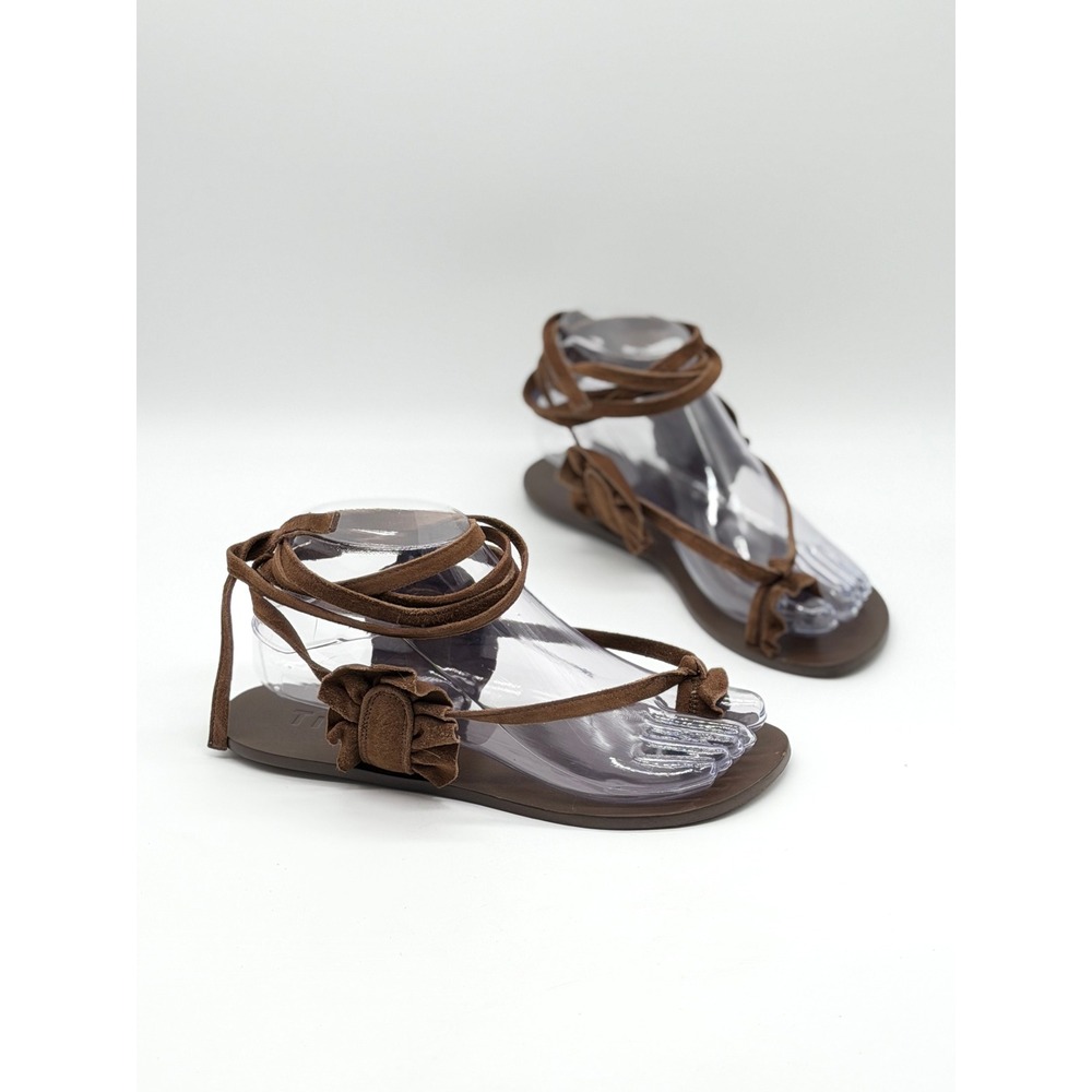 TIBI Amari Suede Sandals Women 36 Brown Ruffle Strappy Ankle Wrap Flat Luxury